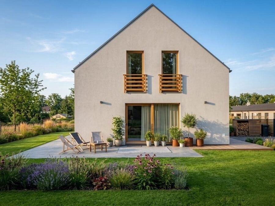 Nowoczesny balkon francuski z balustradą ALUcore na zewnątrz domu Balkon francuski z balustradą z aluminium, zamontowany na zewnątrz nowoczesnego domu, z widokiem na ogród - ogrodzenie Metal-Serwis Obrzycko.