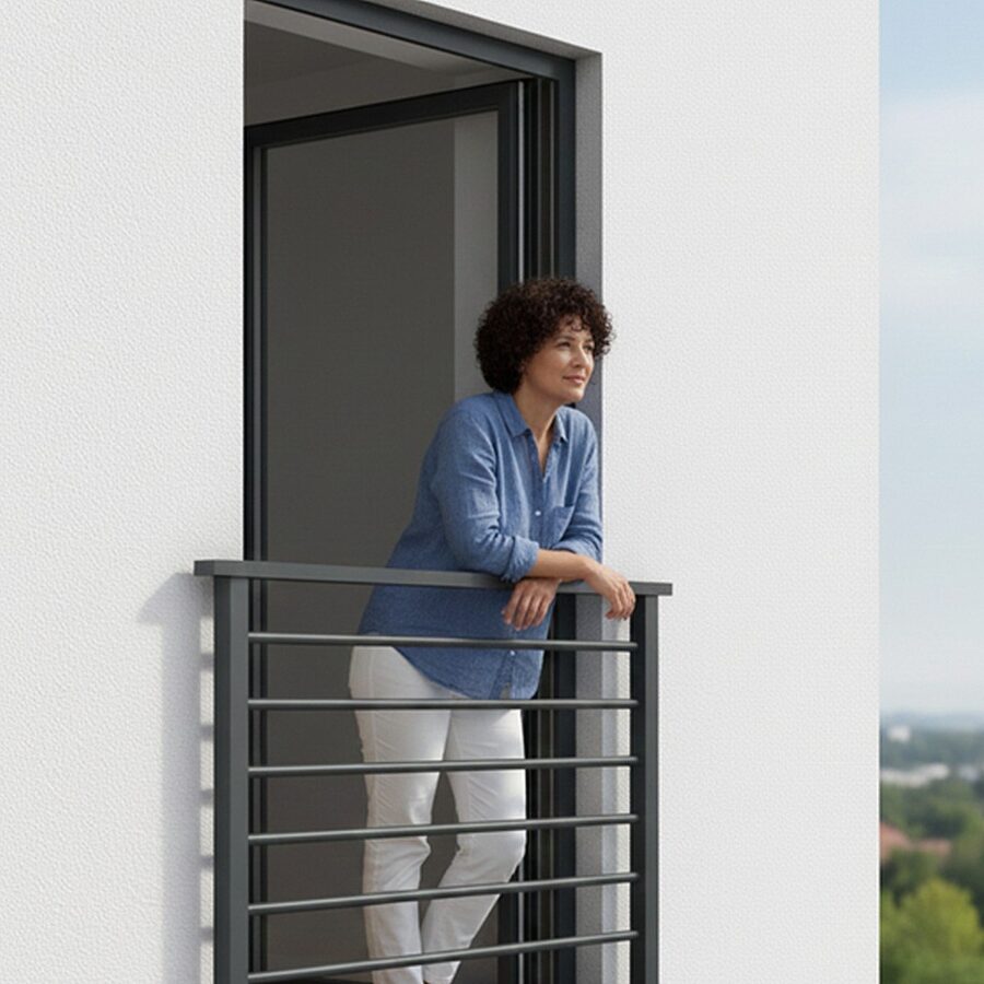 Stwórz tytuł pliku: Balkon-francuski-balustrada-zewnętrzna-ALUstic-Metal-Serwis-Obrzycko Balkon francuski z balustradą zewnętrzną z aluminium, czarna, nowoczesny design - ogrodzenie Metal-Serwis Obrzycko.