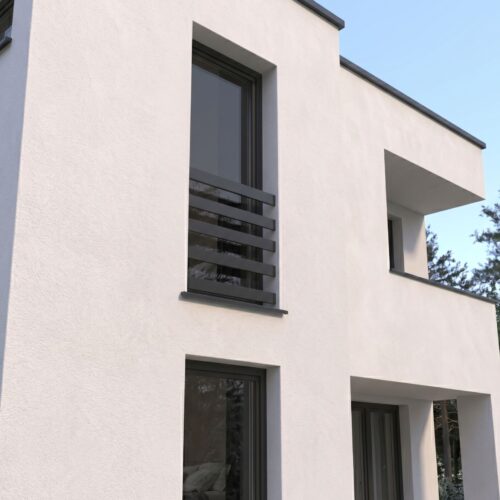 Nowoczesny dom z minimalistycznym designem i dużymi oknami, idealny dla miłośników nowoczesnej architektury.