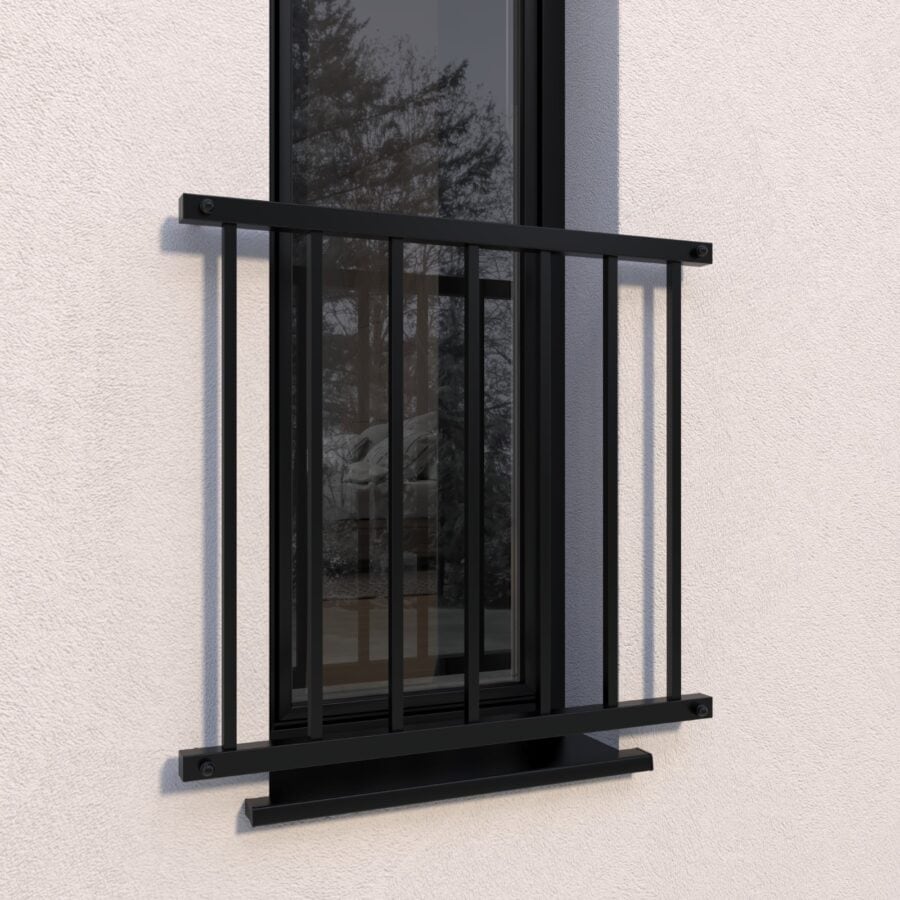 Balustrada Francuzka-Metal-Serwis-Obrzycko Nowoczesna balustrada francuska z czarnej stali, z wąskimi prześwitami, na balkon. - ogrodzenie Metal-Serwis Obrzycko.